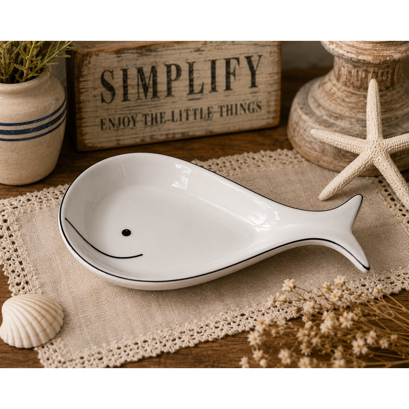 Ceramic Whale Spoon Rest White Coastal Kitchen Decor Beach House Farmhouse Countertop