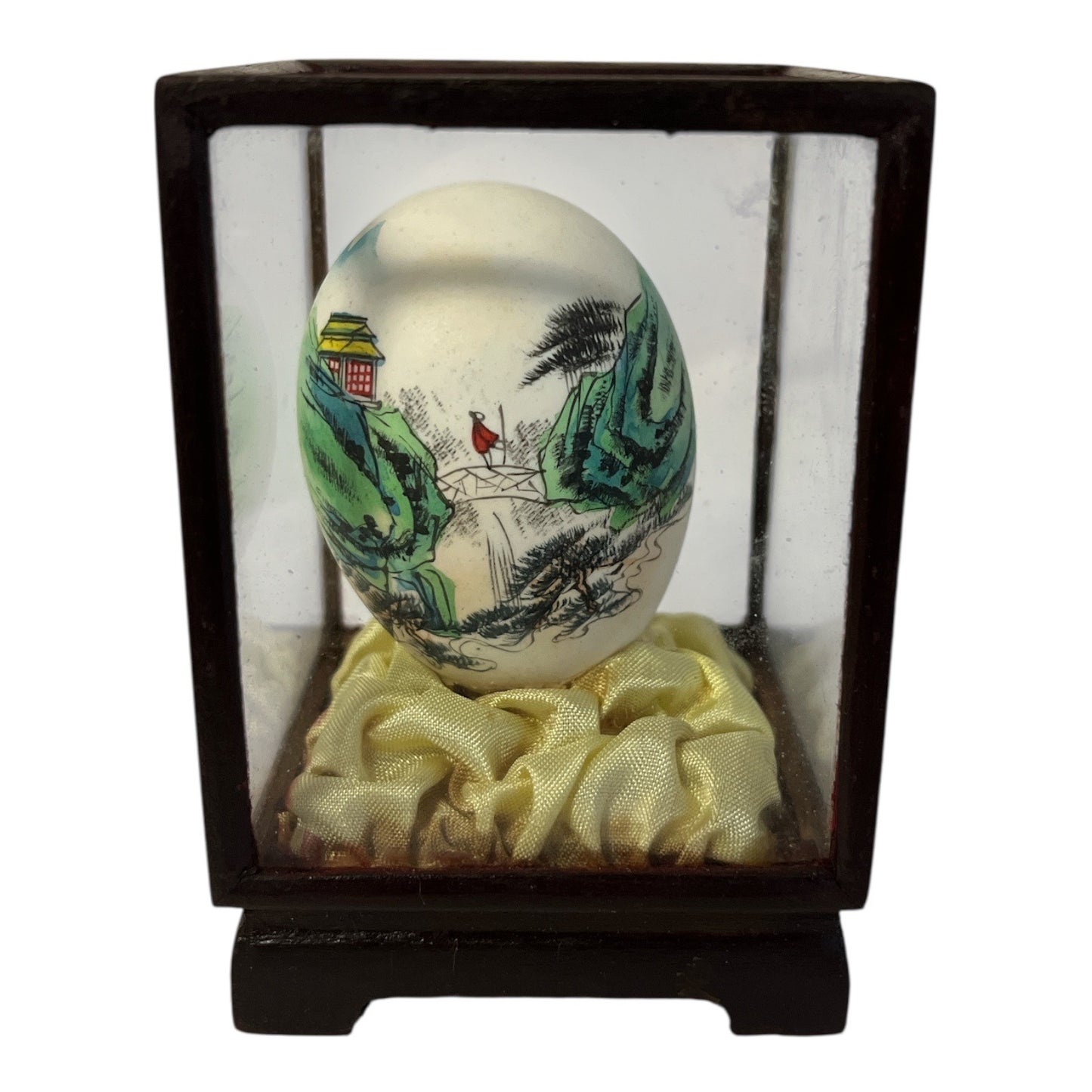 Vintage Hand-Painted Chinese Scenic Egg in Glass Wood Display Case