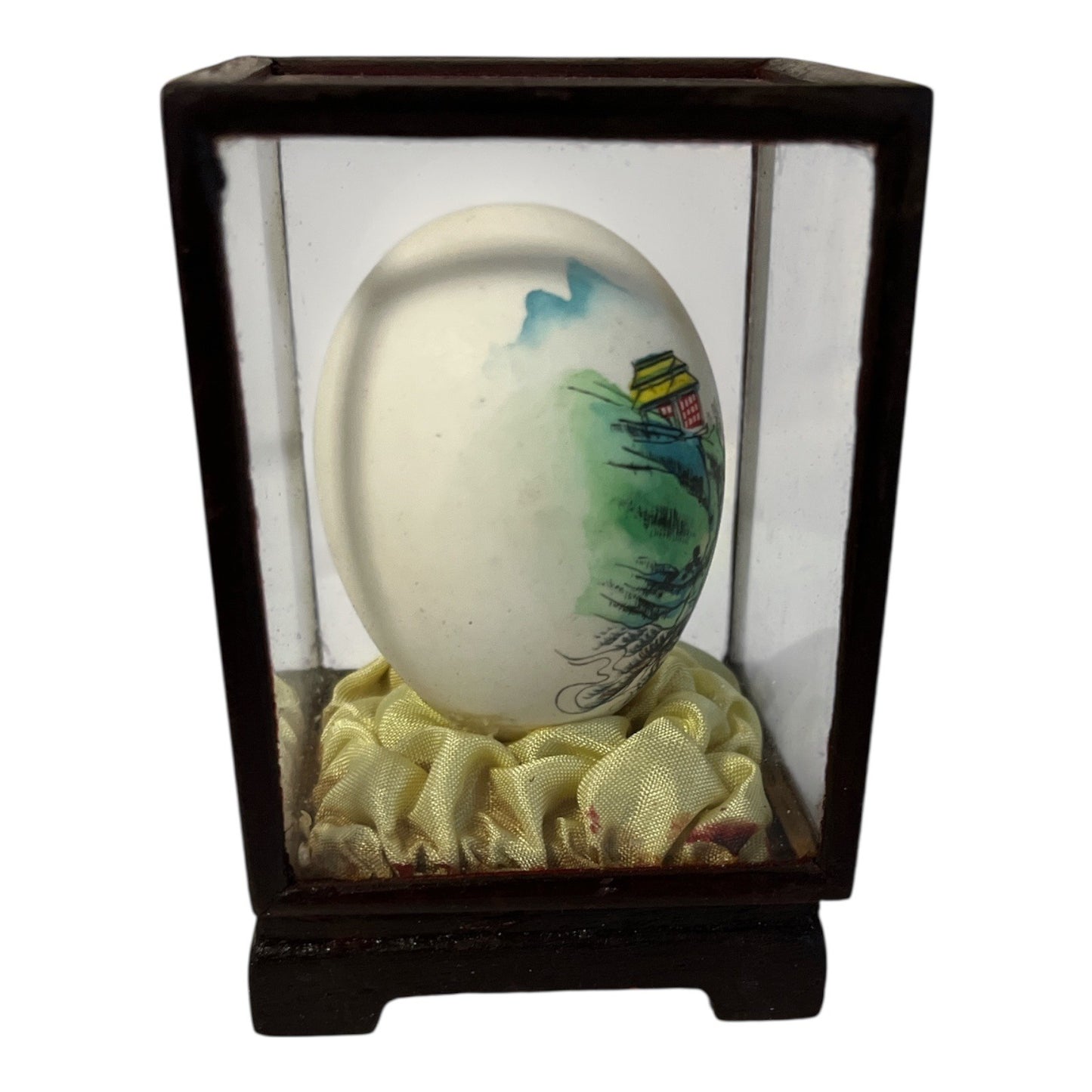 Vintage Hand-Painted Chinese Scenic Egg in Glass Wood Display Case
