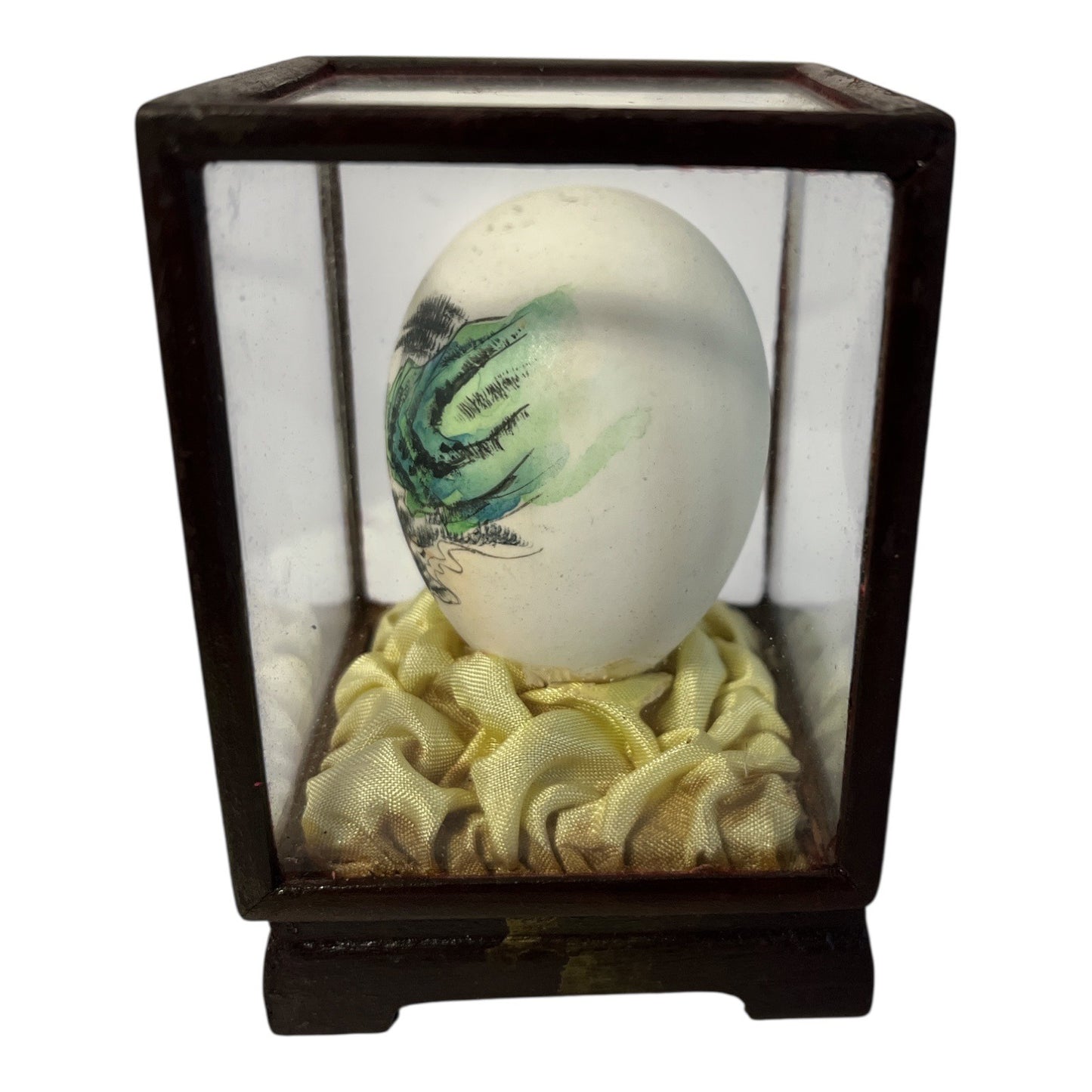 Vintage Hand-Painted Chinese Scenic Egg in Glass Wood Display Case