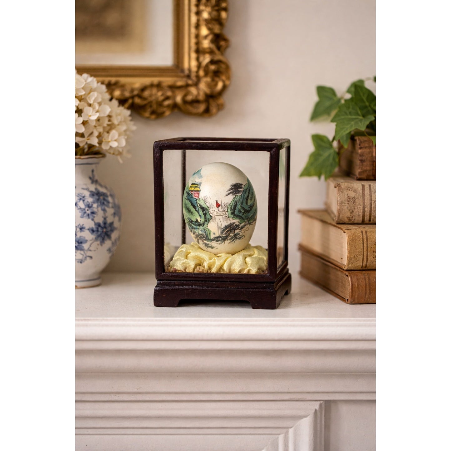 Vintage Hand-Painted Chinese Scenic Egg in Glass Wood Display Case