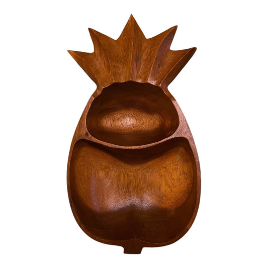 VTG Hand-Carved Wooden Pineapple Serving Dish – 2 Compartment Snack Tray – 13” x 8”