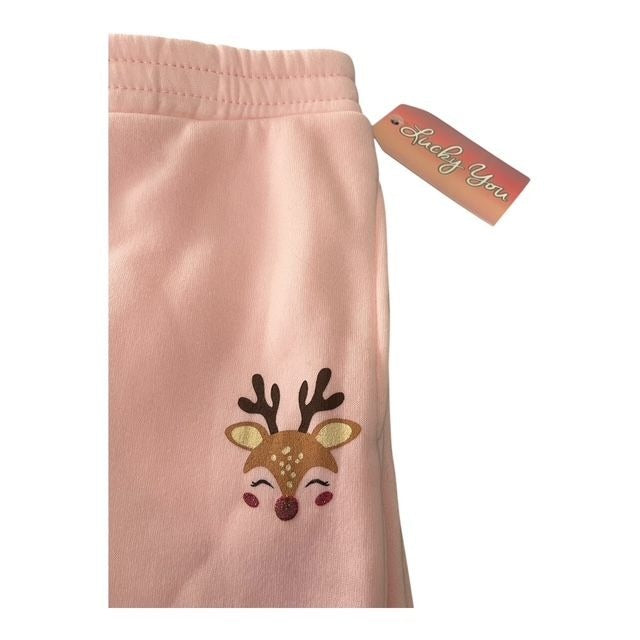 Lucky You Reindeer Sleigh All Day Pink Holiday Sweatpants – Girls Size XL (14), New with Tag