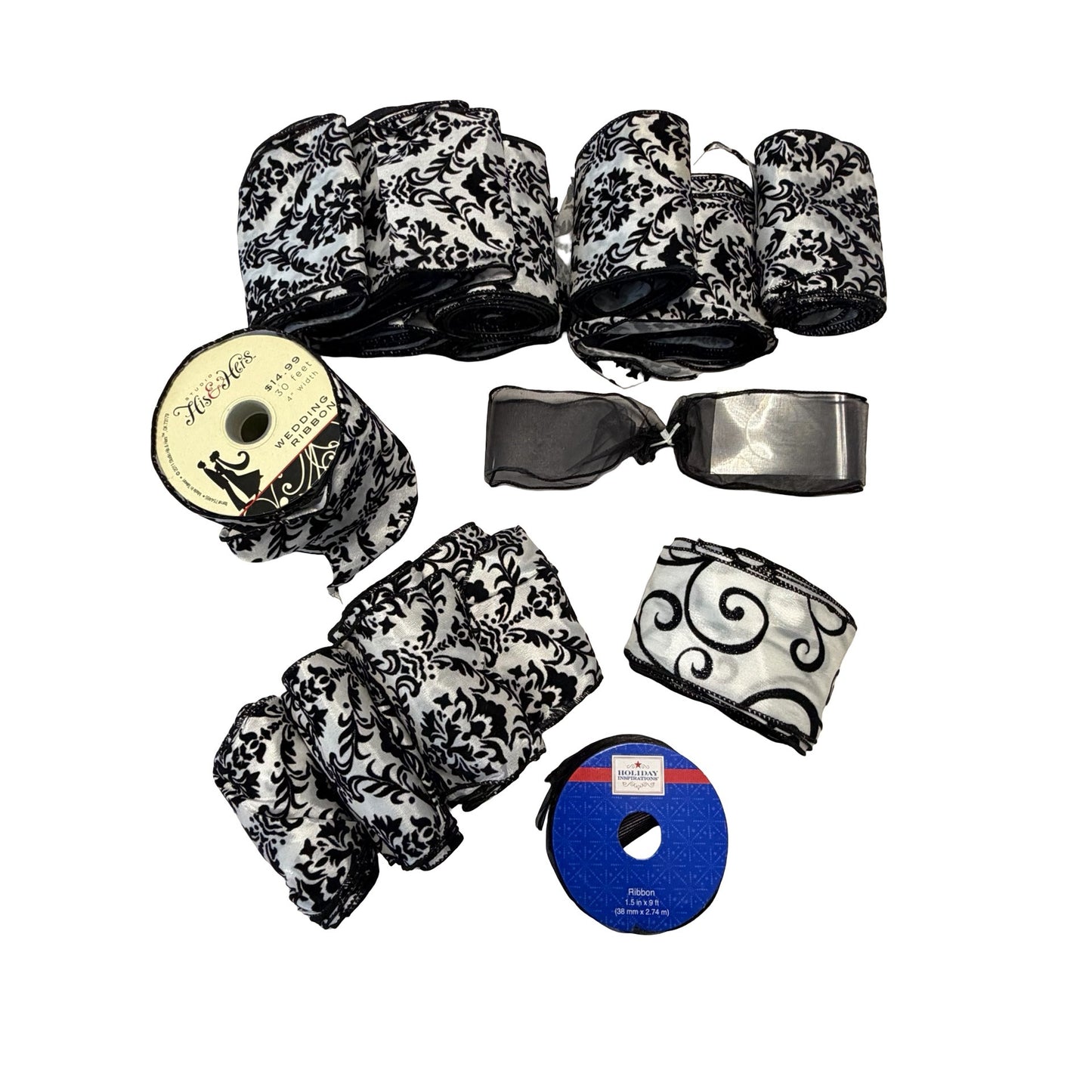 Black White Damask Wired Ribbon Lot Wedding Holiday Craft Decor Mixed Widths