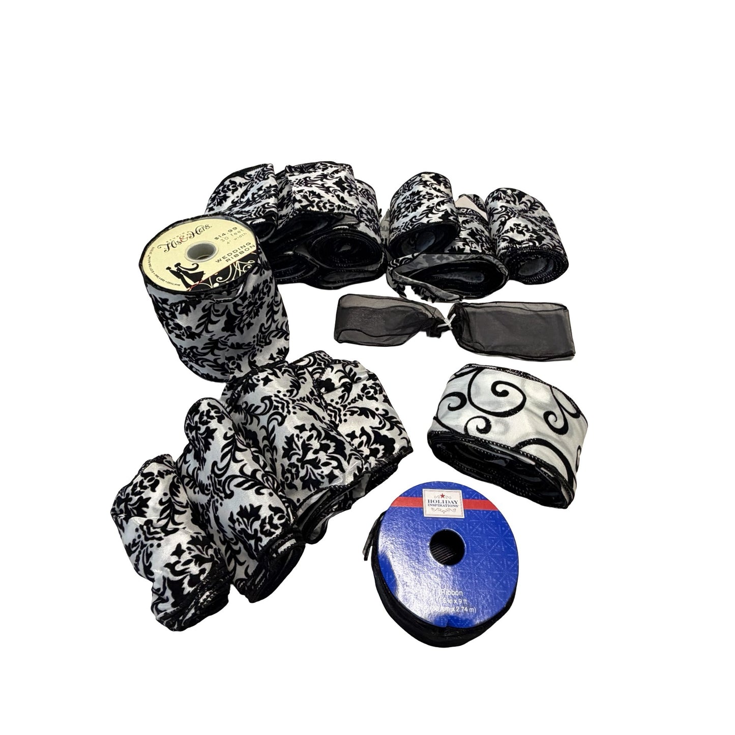 Black White Damask Wired Ribbon Lot Wedding Holiday Craft Decor Mixed Widths