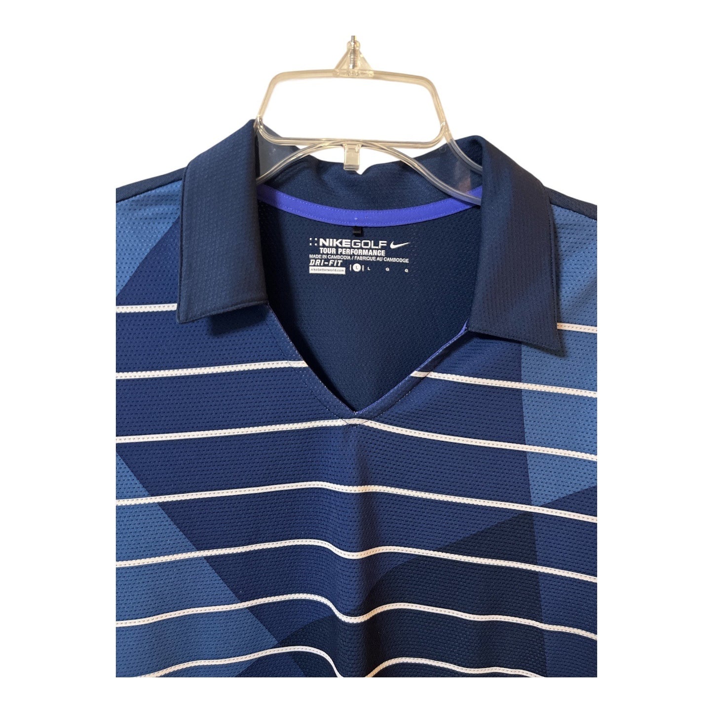 Nike Golf Tour Performance Dri-Fit Women’s Polo Shirt Navy Blue Geometric Stripe Size L