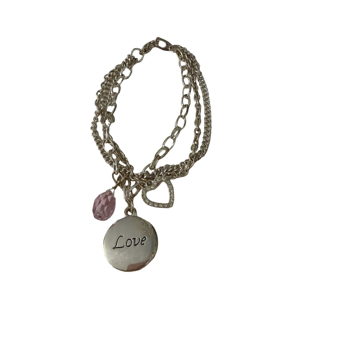 Silver Tone Multi Strand Love Heart Charm Bracelet Pink Bead 7 Inch