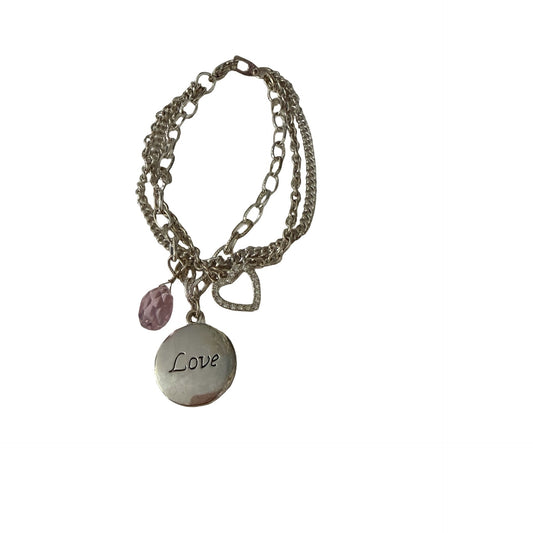 Silver Tone Multi Strand Love Heart Charm Bracelet Pink Bead 7 Inch