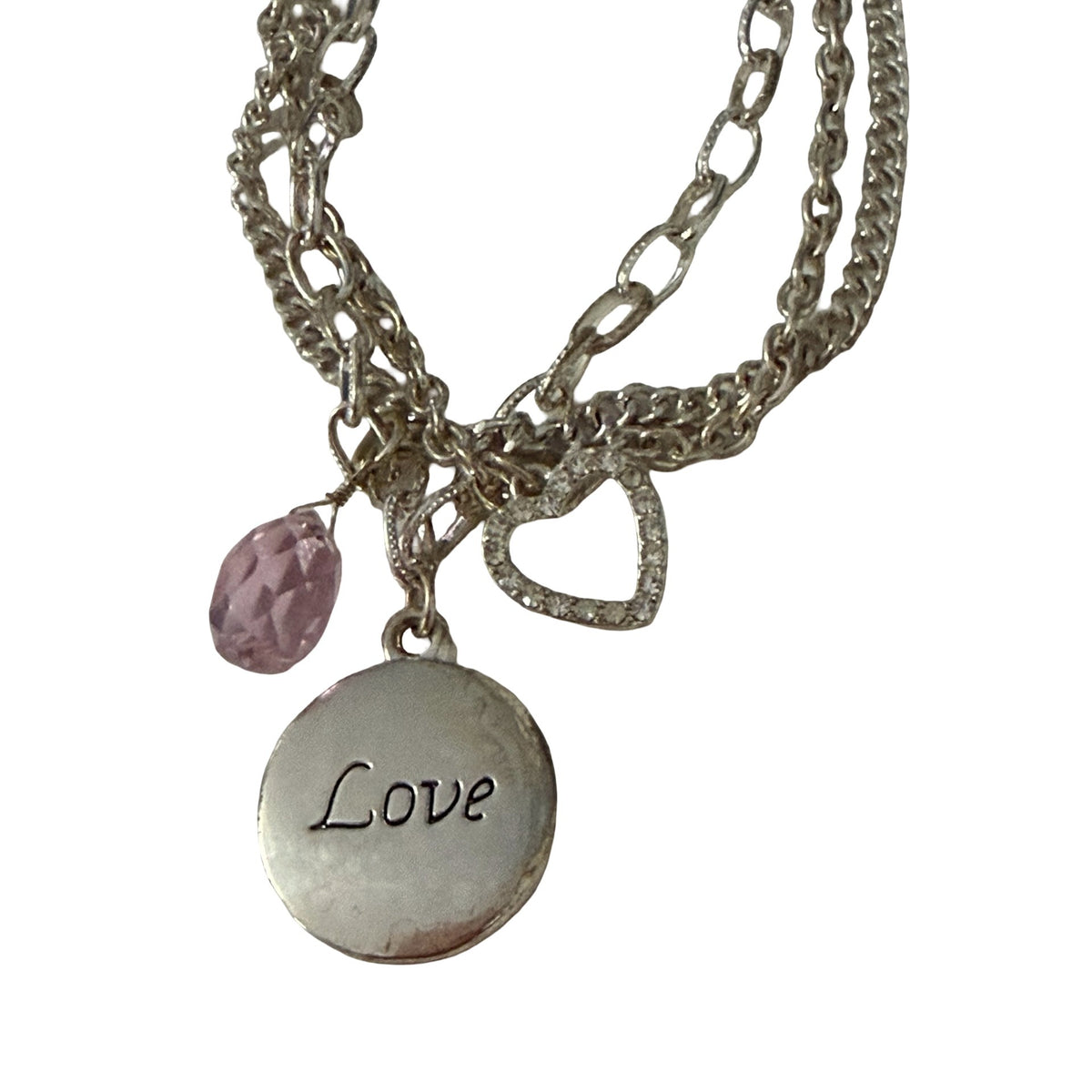 Silver Tone Multi Strand Love Heart Charm Bracelet Pink Bead 7 Inch