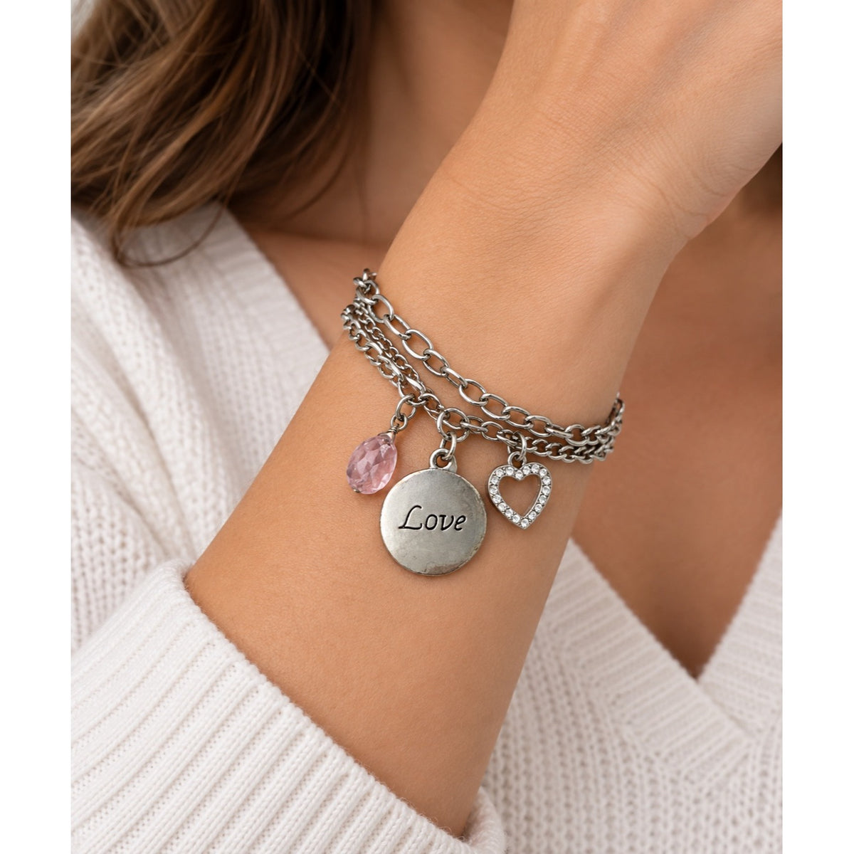 Silver Tone Multi Strand Love Heart Charm Bracelet Pink Bead 7 Inch