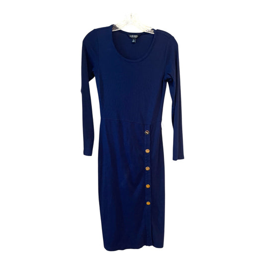 Lauren Ralph Lauren Navy Blue Long Sleeve Midi Dress – Size 4 – Gold Button Detail – 2010s Classic Style