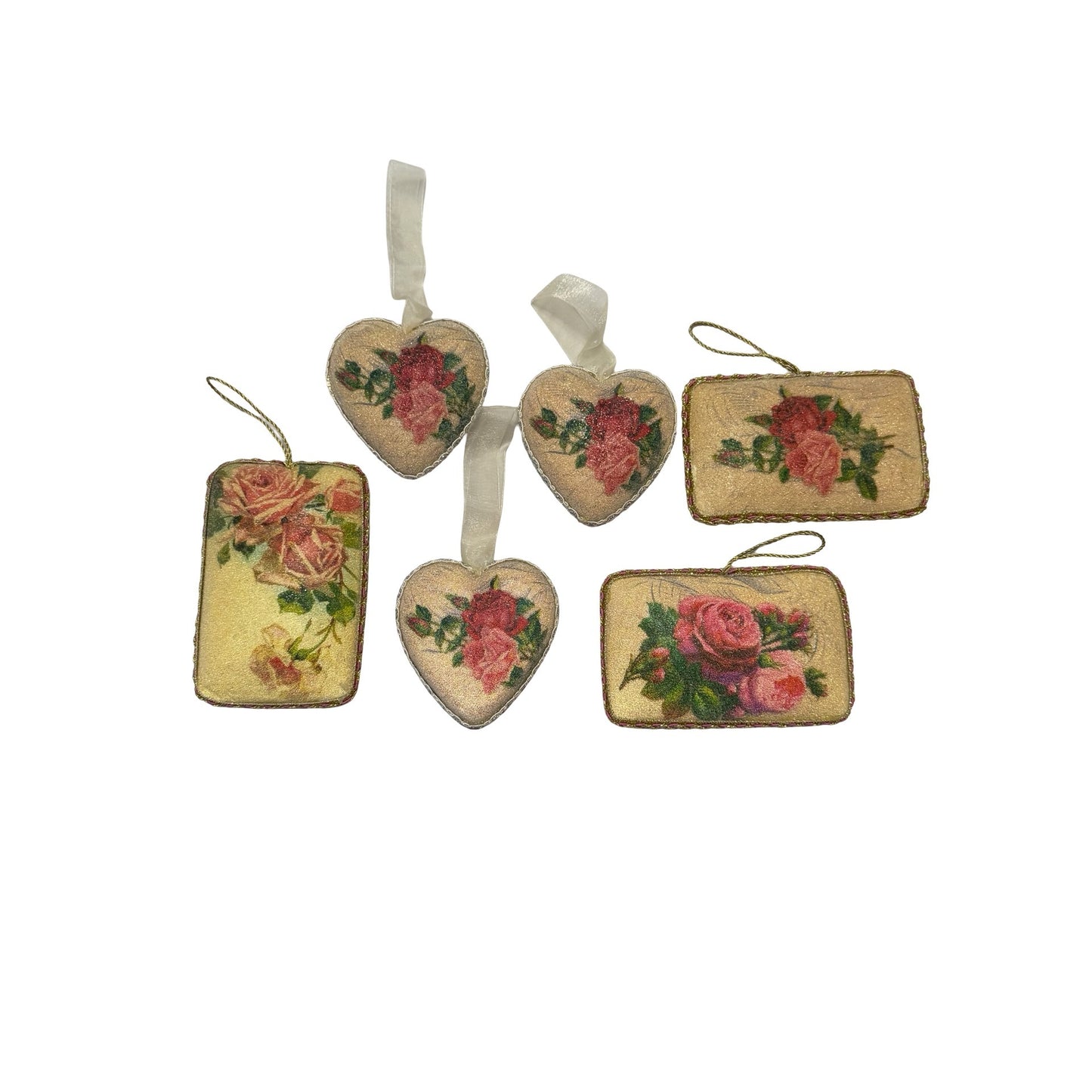 Vintage Papier Mache Rose Christmas Ornaments Set of 6 Victorian Postcard Hearts