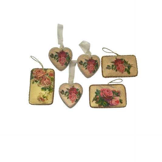 Vintage Papier Mache Rose Christmas Ornaments Set of 6 Victorian Postcard Hearts