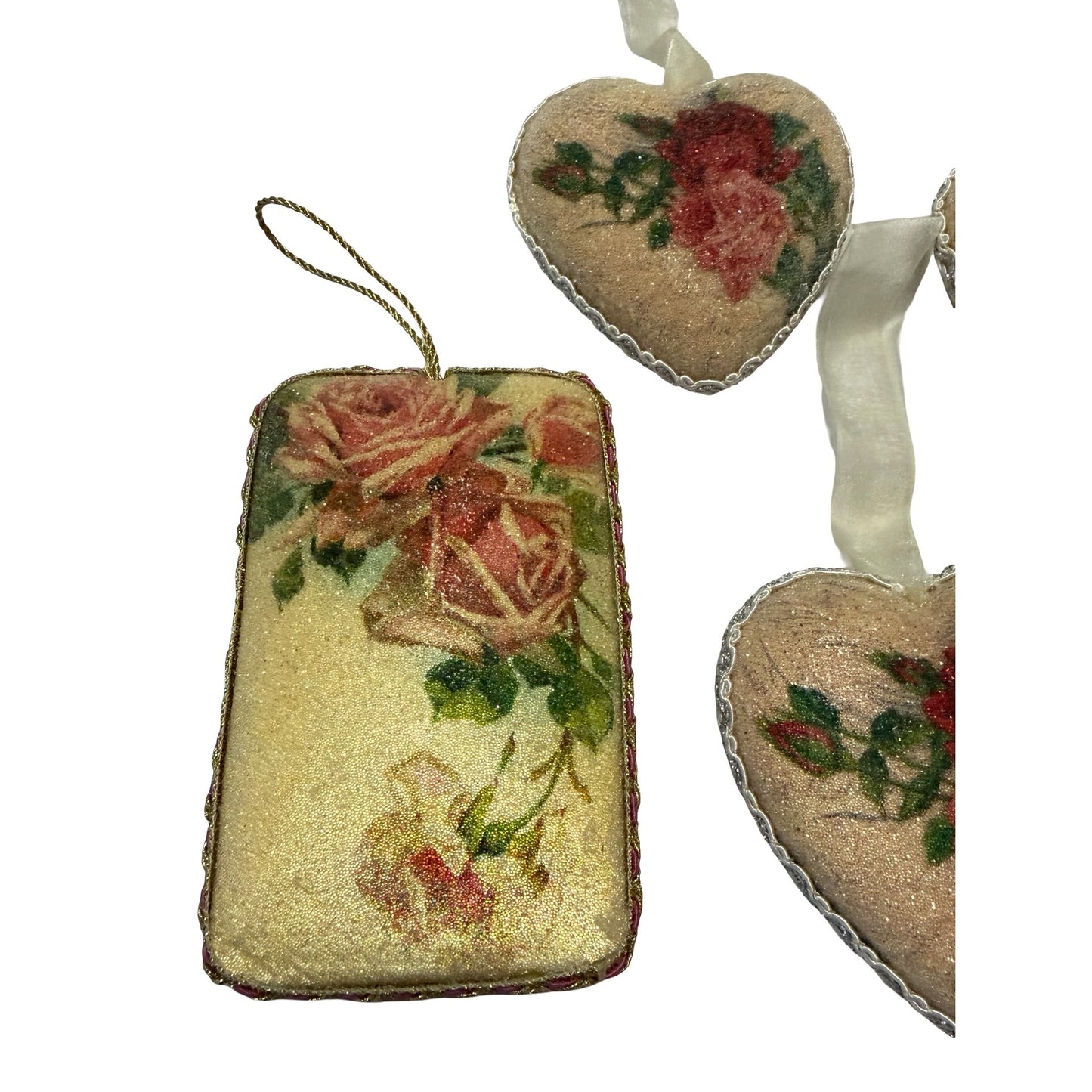 Vintage Papier Mache Rose Christmas Ornaments Set of 6 Victorian Postcard Hearts