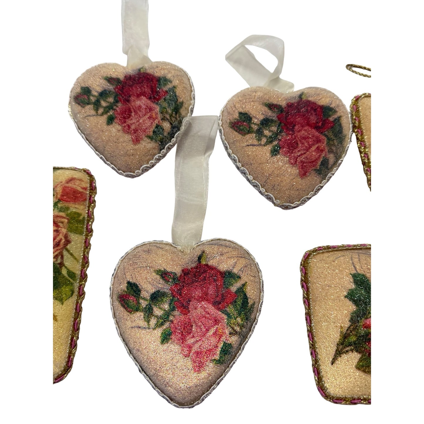 Vintage Papier Mache Rose Christmas Ornaments Set of 6 Victorian Postcard Hearts