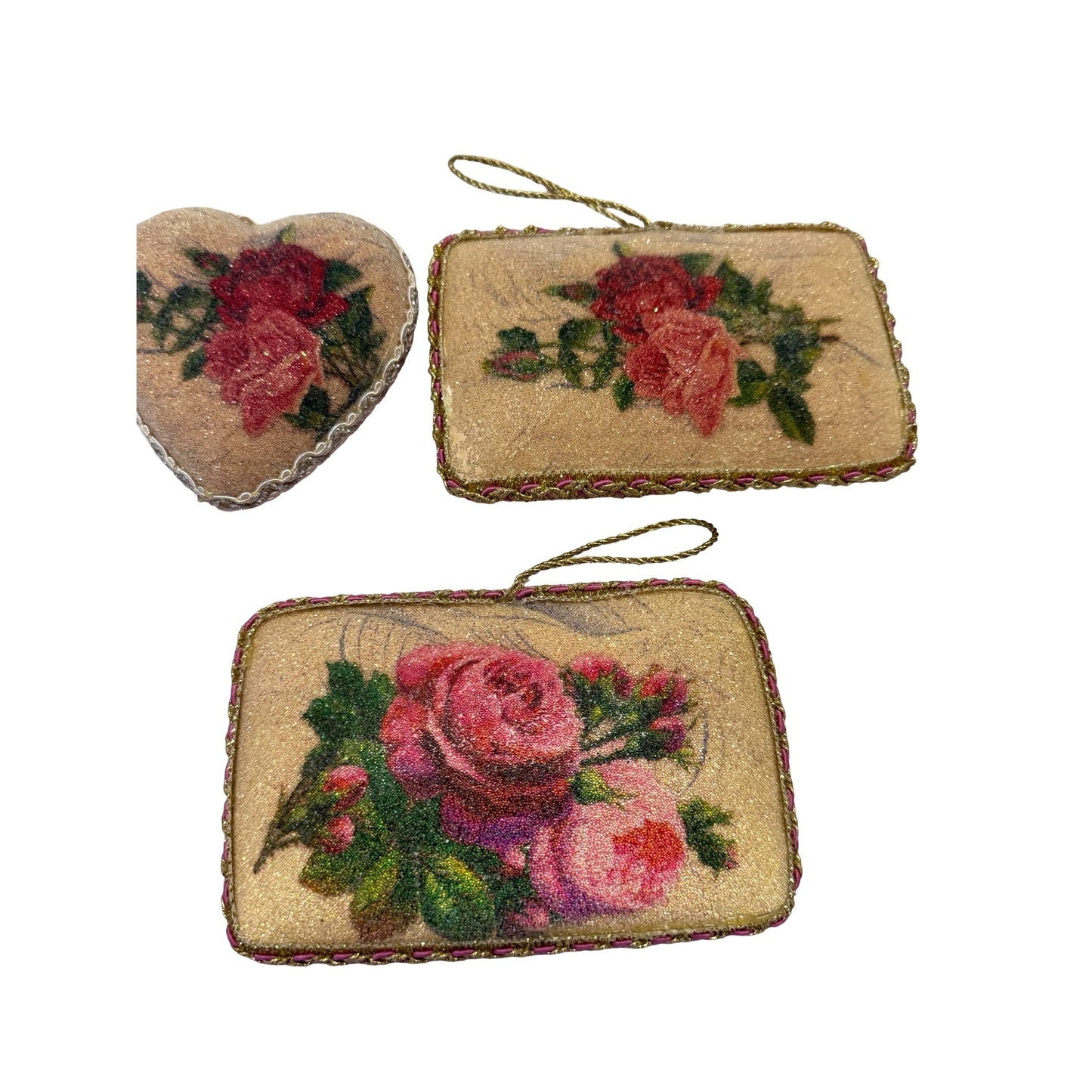 Vintage Papier Mache Rose Christmas Ornaments Set of 6 Victorian Postcard Hearts