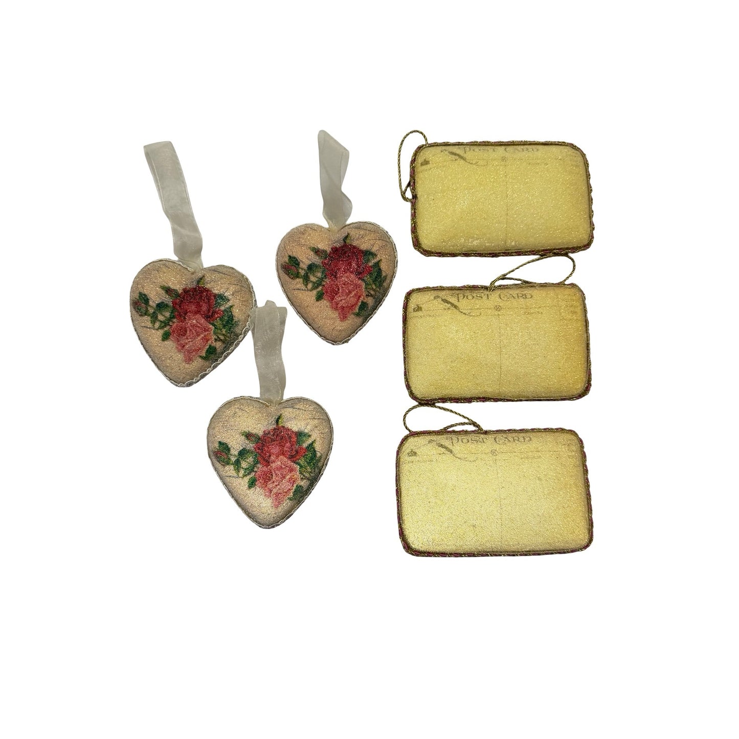 Vintage Papier Mache Rose Christmas Ornaments Set of 6 Victorian Postcard Hearts