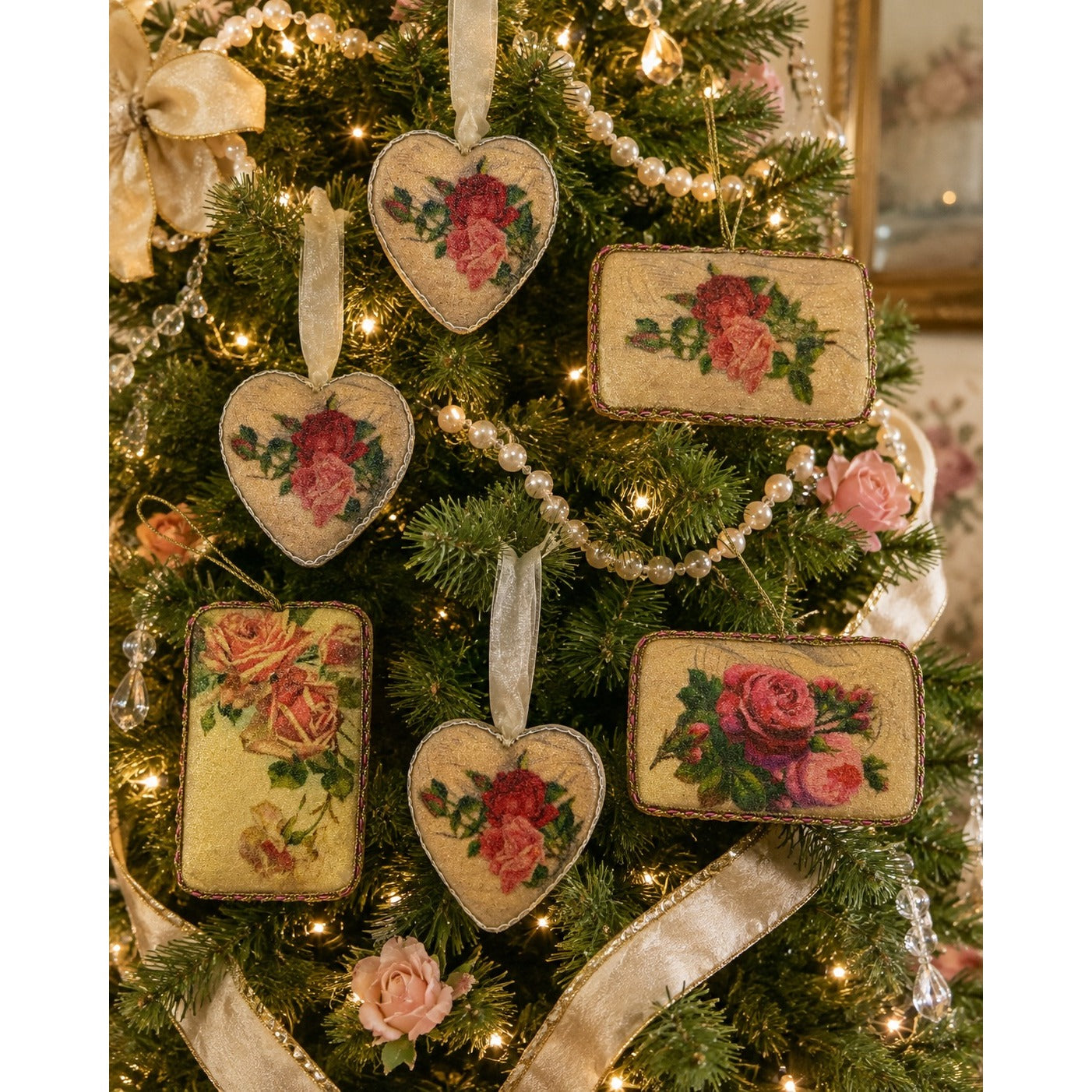 Vintage Papier Mache Rose Christmas Ornaments Set of 6 Victorian Postcard Hearts