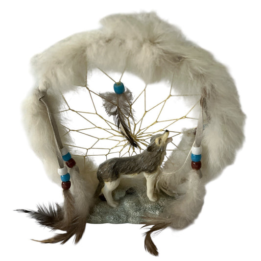 Howling Wolf Dreamcatcher Figurine with Faux Fur & Feathers – 6.25" x 7"