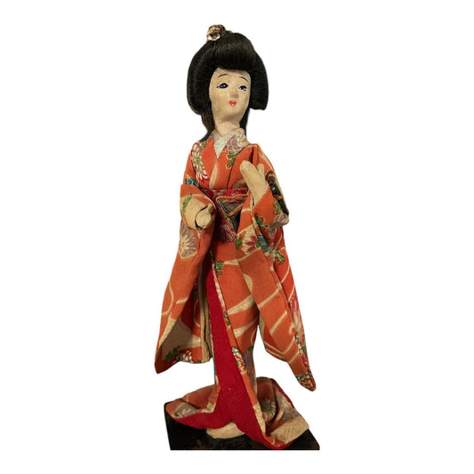 Vintage Japanese Geisha Doll 10" Orange Floral Kimono Handcrafted Figurine on Wood Base
