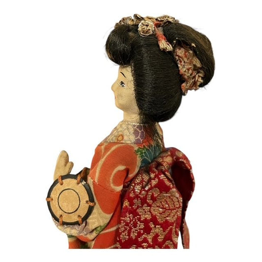 Vintage Japanese Geisha Doll 10" Orange Floral Kimono Handcrafted Figurine on Wood Base