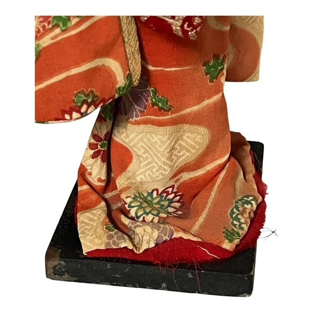 Vintage Japanese Geisha Doll 10" Orange Floral Kimono Handcrafted Figurine on Wood Base