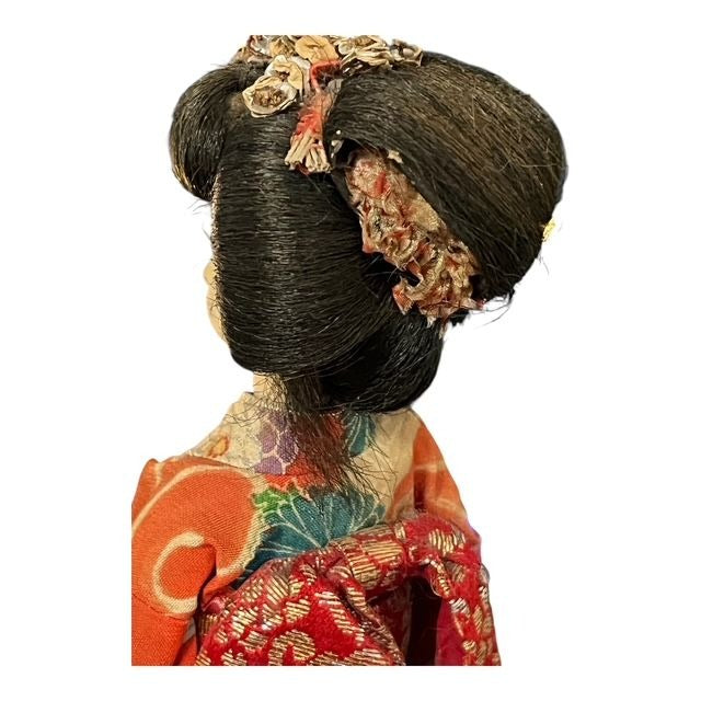 Vintage Japanese Geisha Doll 10" Orange Floral Kimono Handcrafted Figurine on Wood Base