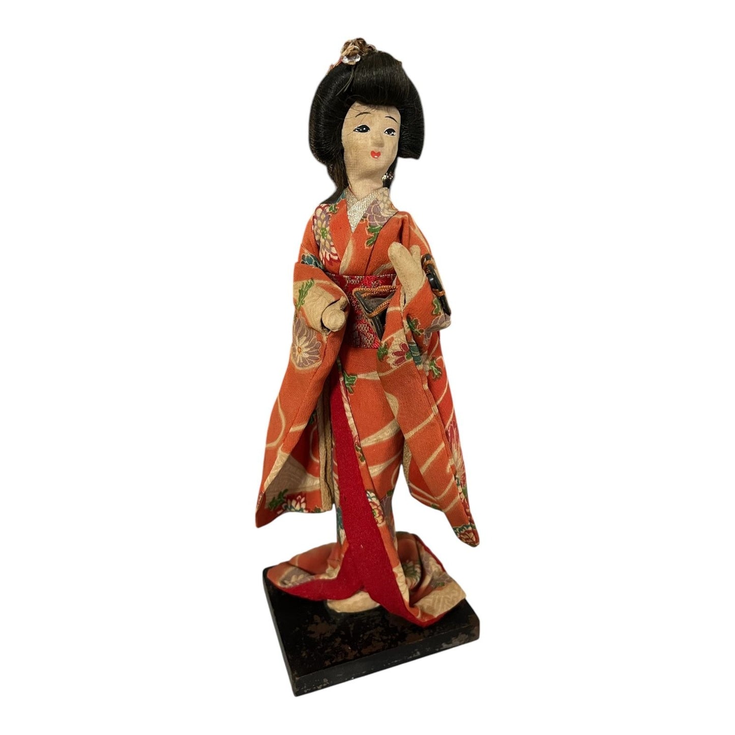 Vintage Japanese Geisha Doll 10" Orange Floral Kimono Handcrafted Figurine on Wood Base