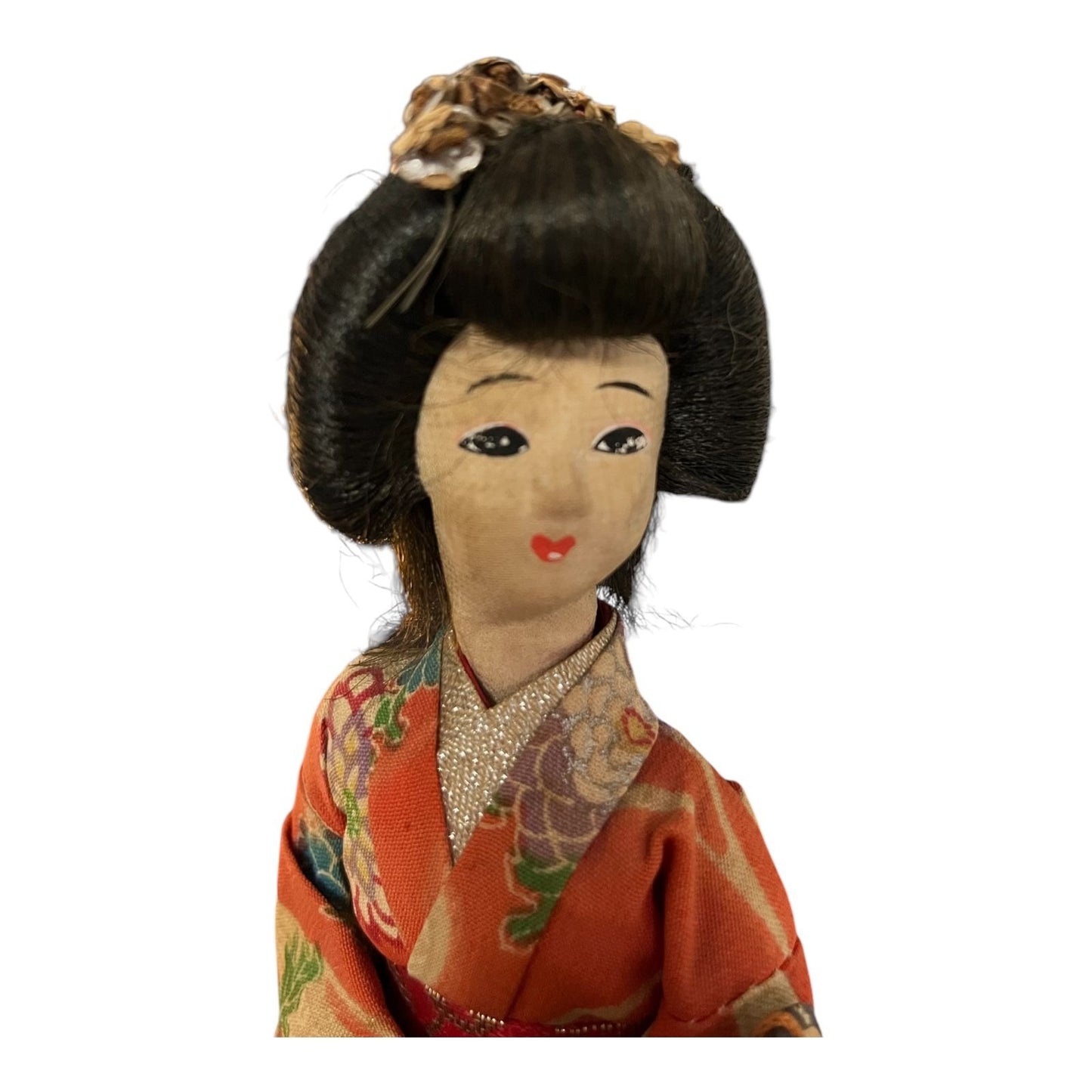 Vintage Japanese Geisha Doll 10" Orange Floral Kimono Handcrafted Figurine on Wood Base