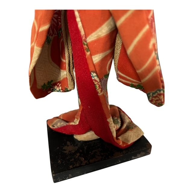 Vintage Japanese Geisha Doll 10" Orange Floral Kimono Handcrafted Figurine on Wood Base