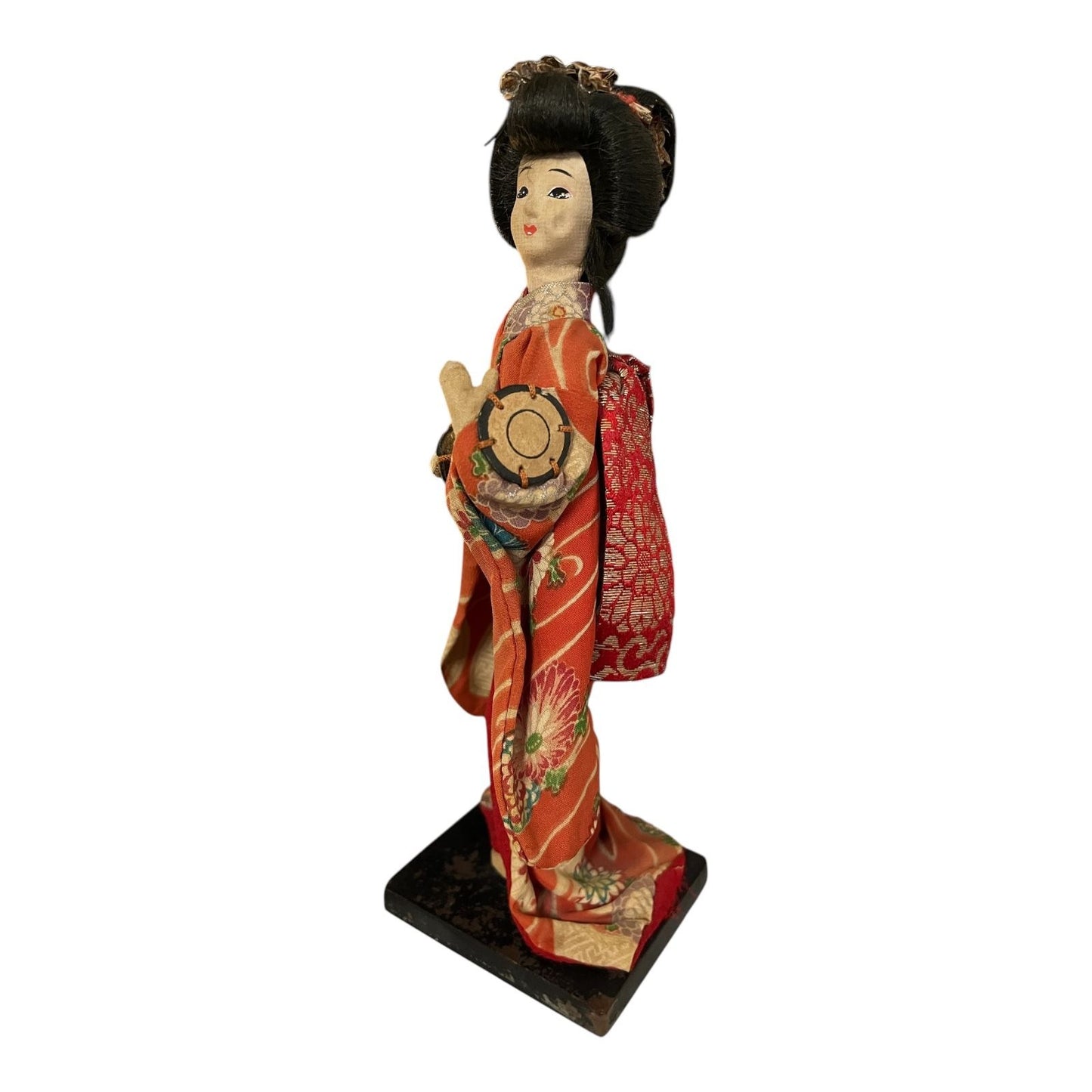 Vintage Japanese Geisha Doll 10" Orange Floral Kimono Handcrafted Figurine on Wood Base