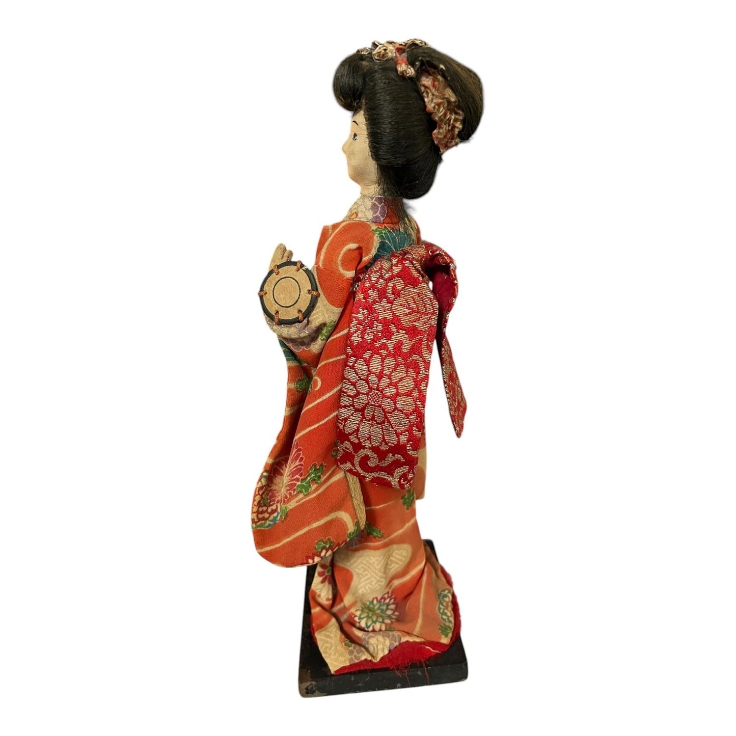 Vintage Japanese Geisha Doll 10" Orange Floral Kimono Handcrafted Figurine on Wood Base