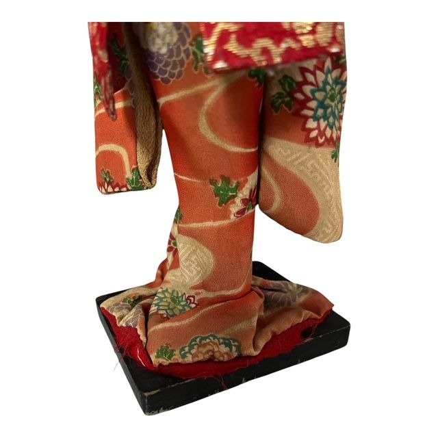 Vintage Japanese Geisha Doll 10" Orange Floral Kimono Handcrafted Figurine on Wood Base