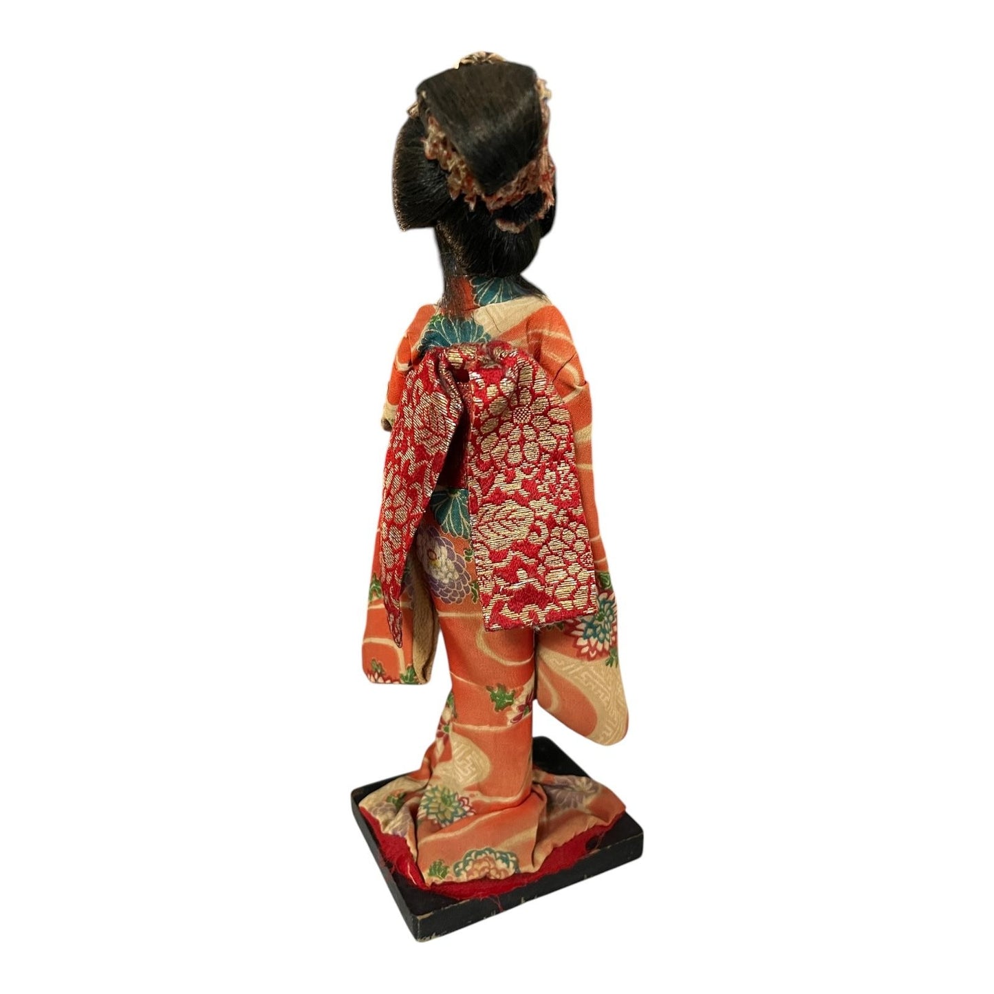 Vintage Japanese Geisha Doll 10" Orange Floral Kimono Handcrafted Figurine on Wood Base