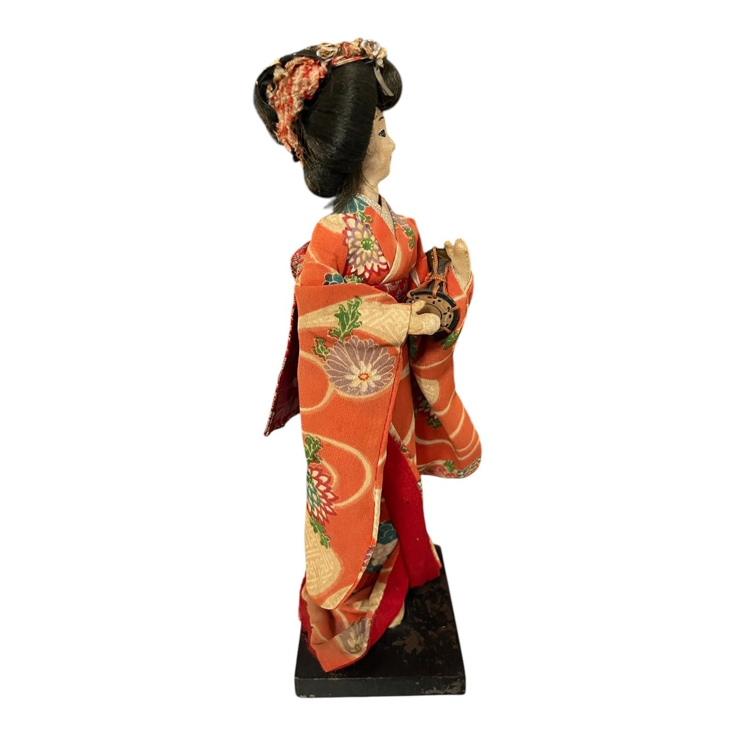 Vintage Japanese Geisha Doll 10" Orange Floral Kimono Handcrafted Figurine on Wood Base