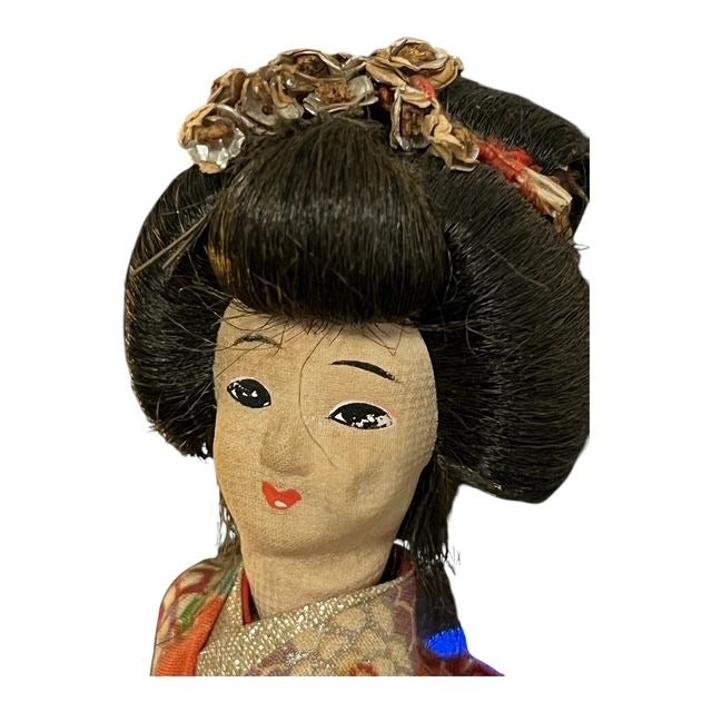 Vintage Japanese Geisha Doll 10" Orange Floral Kimono Handcrafted Figurine on Wood Base