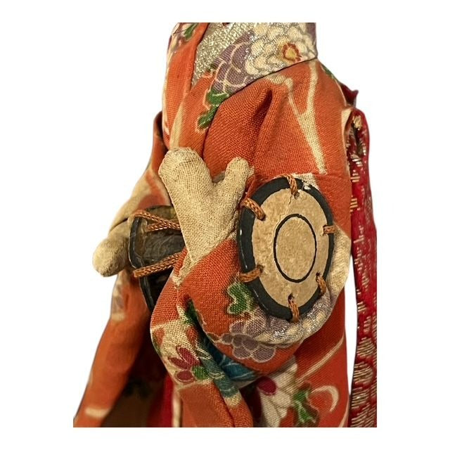 Vintage Japanese Geisha Doll 10" Orange Floral Kimono Handcrafted Figurine on Wood Base