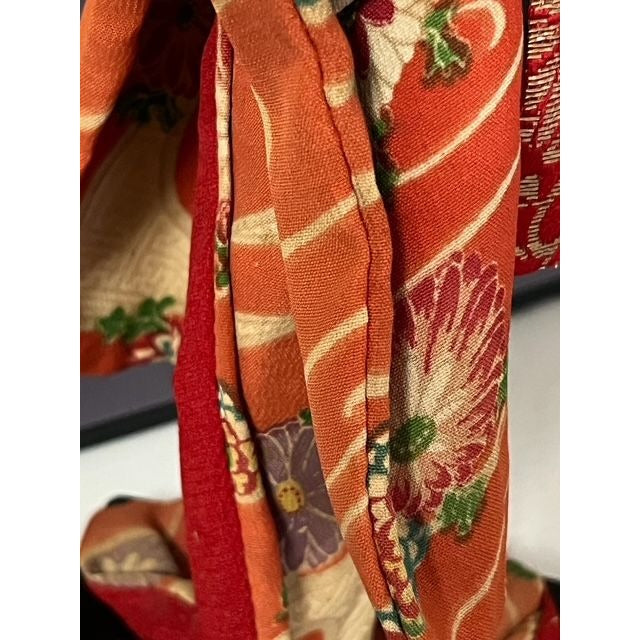 Vintage Japanese Geisha Doll 10" Orange Floral Kimono Handcrafted Figurine on Wood Base
