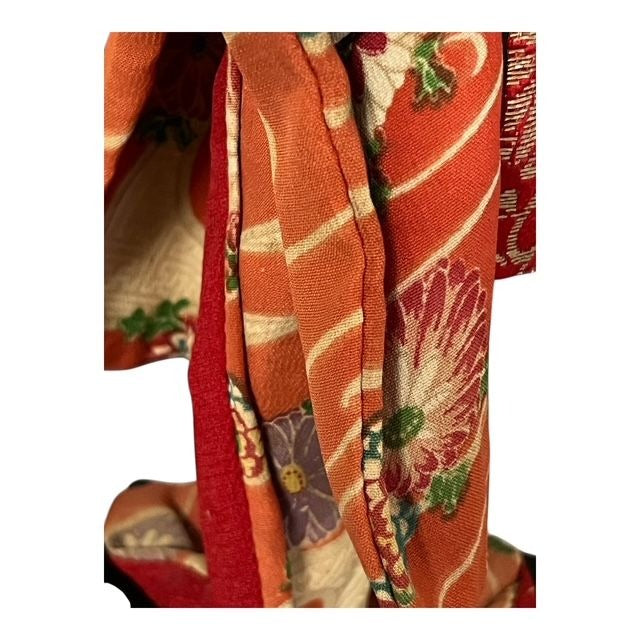 Vintage Japanese Geisha Doll 10" Orange Floral Kimono Handcrafted Figurine on Wood Base