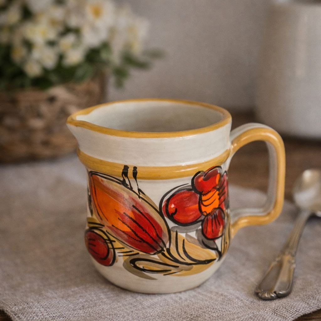Vintage Italian Hand Painted Creamer Pitcher Floral Mid Century Italy Pottery