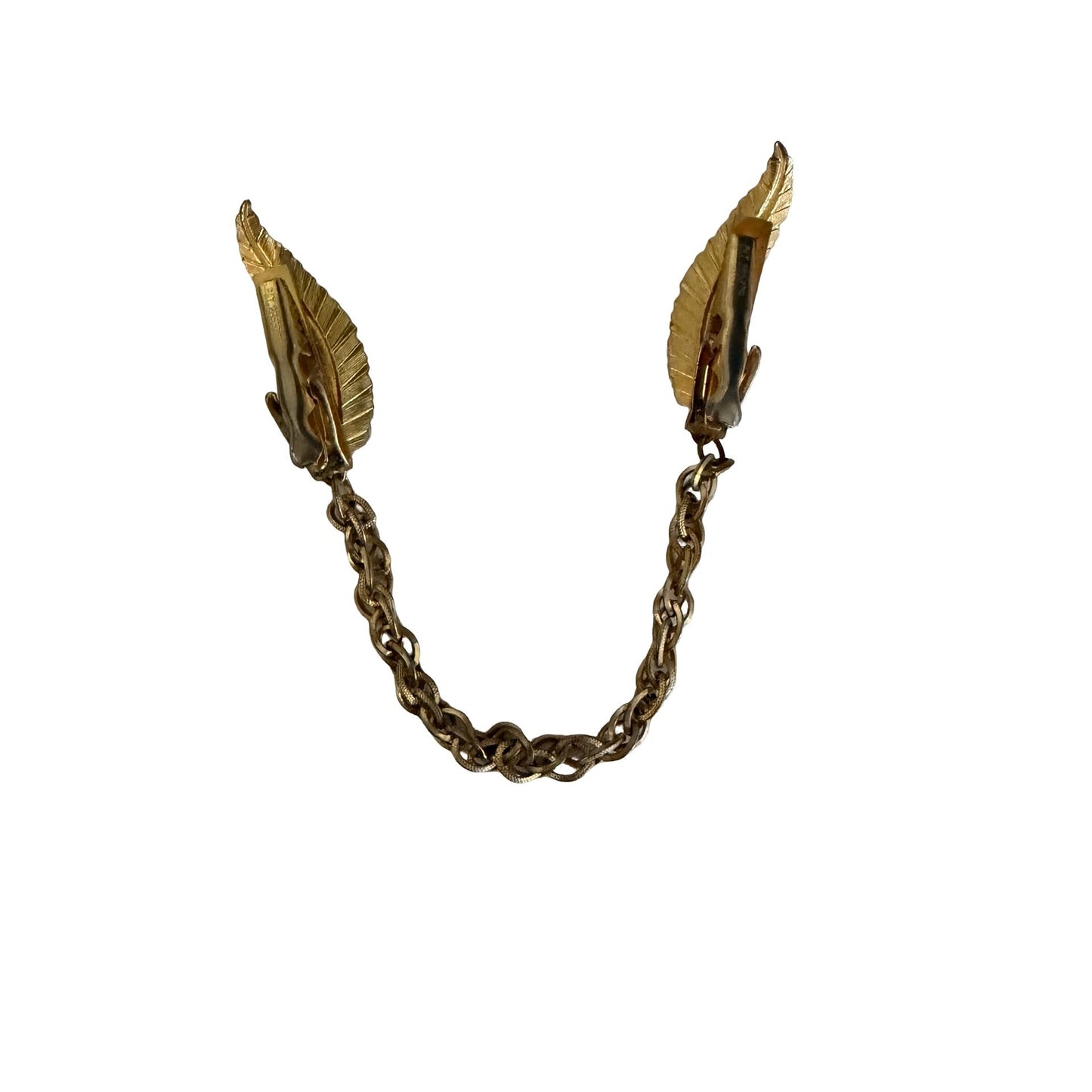 Vintage Gold Tone Sweater Guard Feather Leaf Clips Double Chain Cardigan Clip Pat 2653716