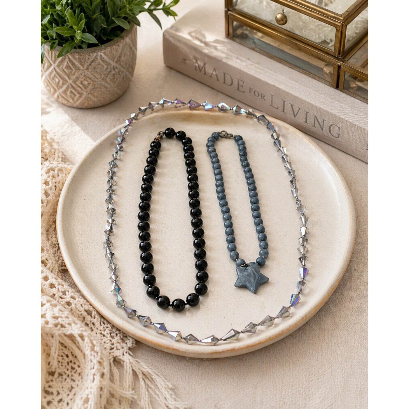 Vintage Necklace Lot Black Bead Gray Star Pendant AB Crystal Strand 3 Piece Set