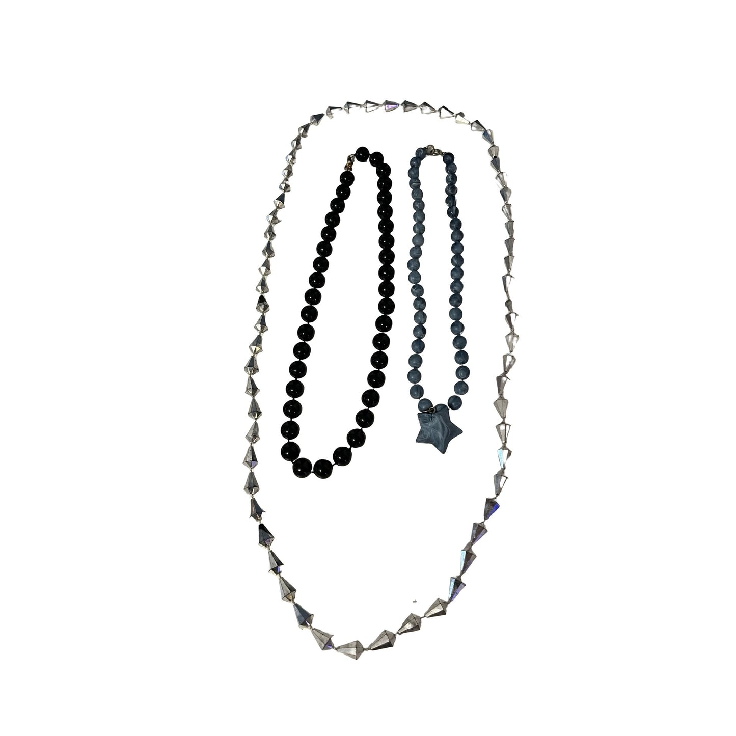 Vintage Necklace Lot Black Bead Gray Star Pendant AB Crystal Strand 3 Piece Set