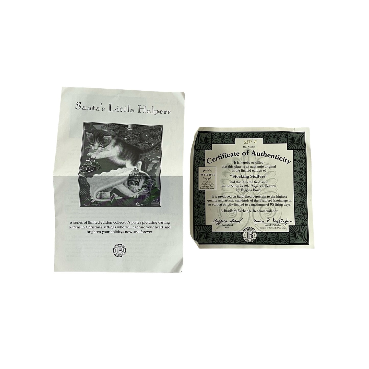 Bradford Exchange Stocking Stuffers Plate Santa’s Little Helpers Higgins Bond Cat Christmas Plate 1994