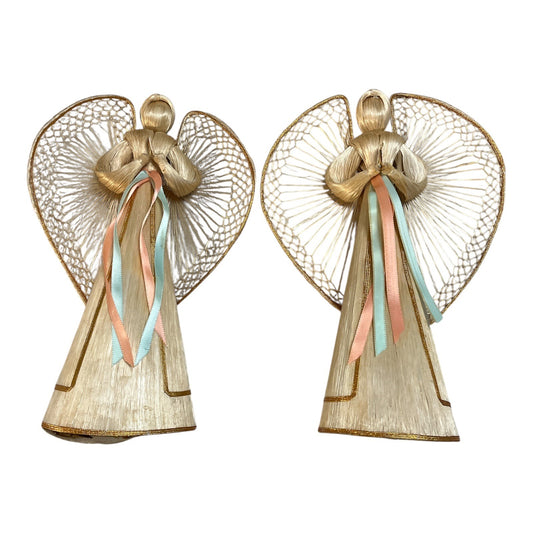 Vintage Straw Angels – 1986 & 1987 Set of 2 Handmade Corn Husk Figurines with Ribbons – Holiday Christmas Decor