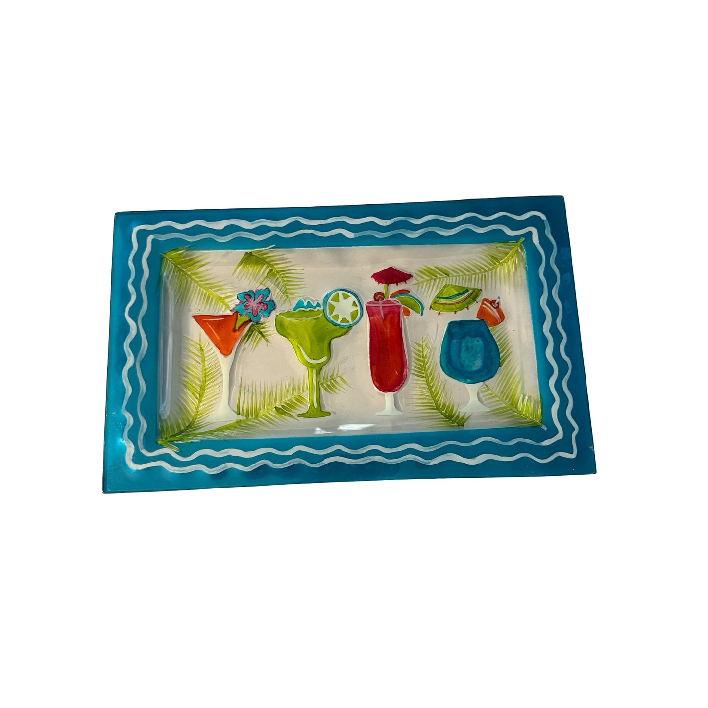 Hand Painted Glass Tropical Cocktail Tray Double-Sided Artwork Coastal Beach Bar Decor 14x7