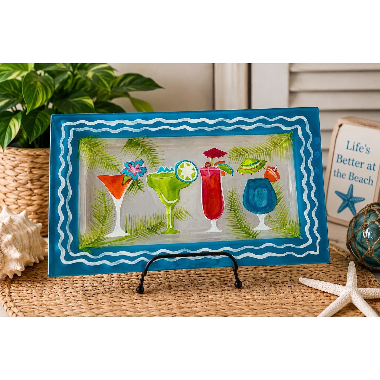 Hand Painted Glass Tropical Cocktail Tray Double-Sided Artwork Coastal Beach Bar Decor 14x7