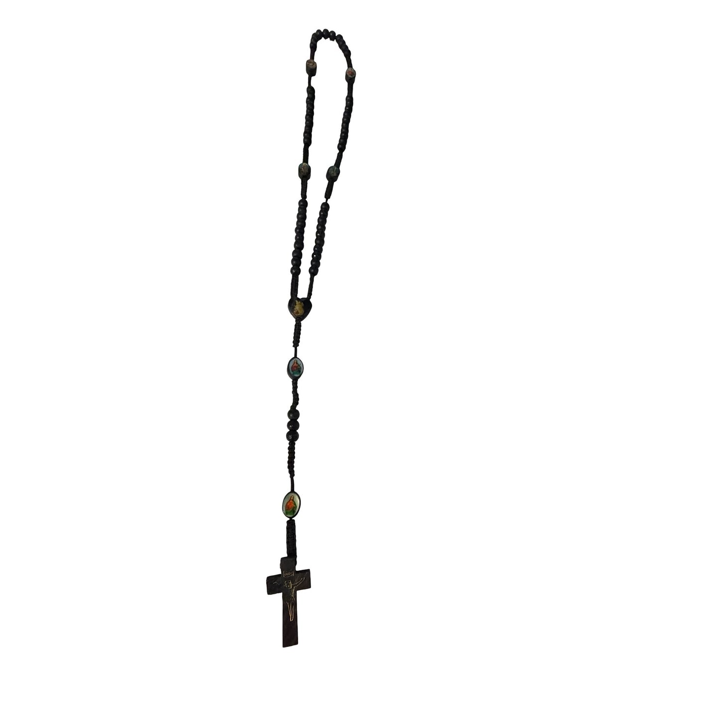 Vintage Catholic Devotional Rosary Black Wood Beads Sacred Heart Crucifix Religious Necklace