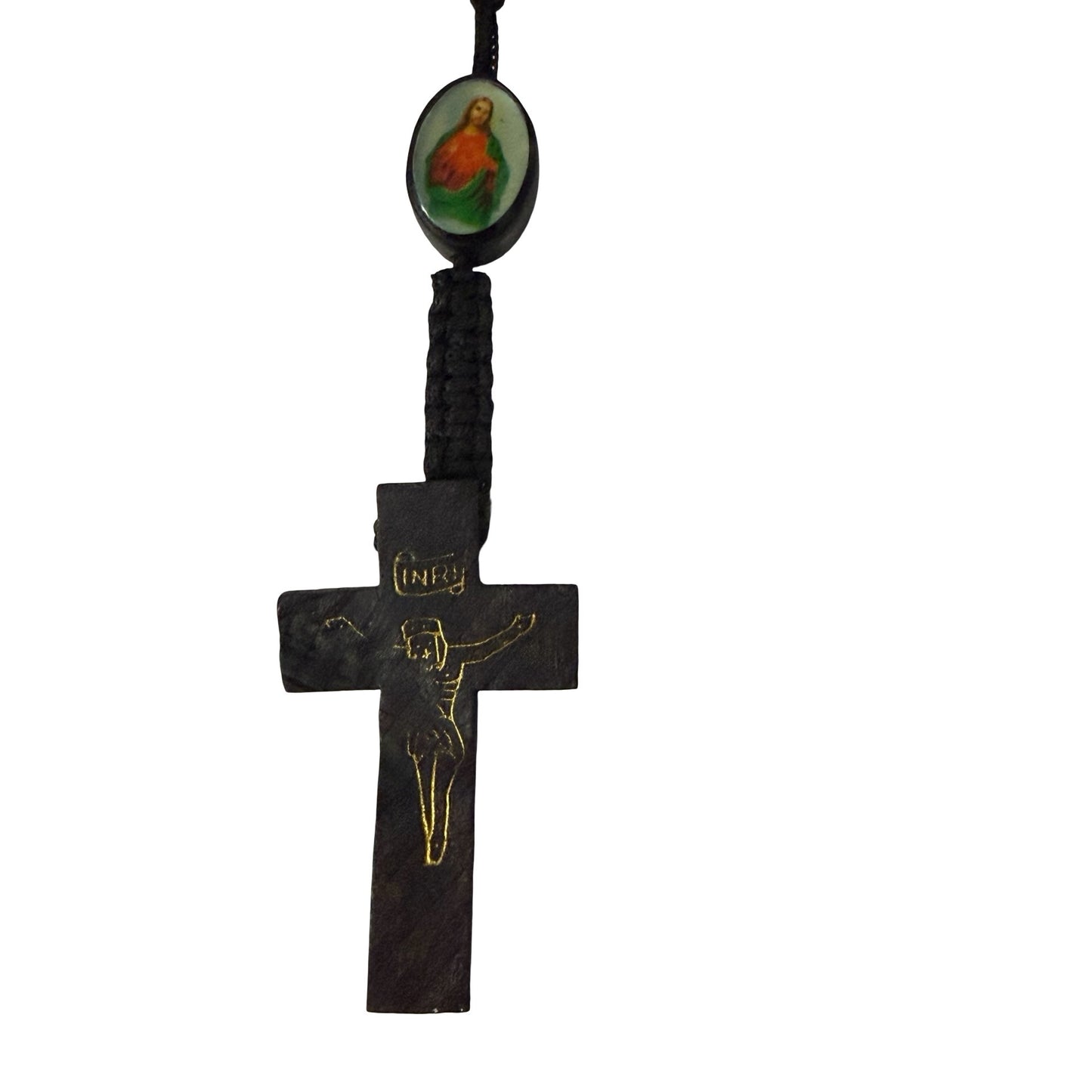 Vintage Catholic Devotional Rosary Black Wood Beads Sacred Heart Crucifix Religious Necklace