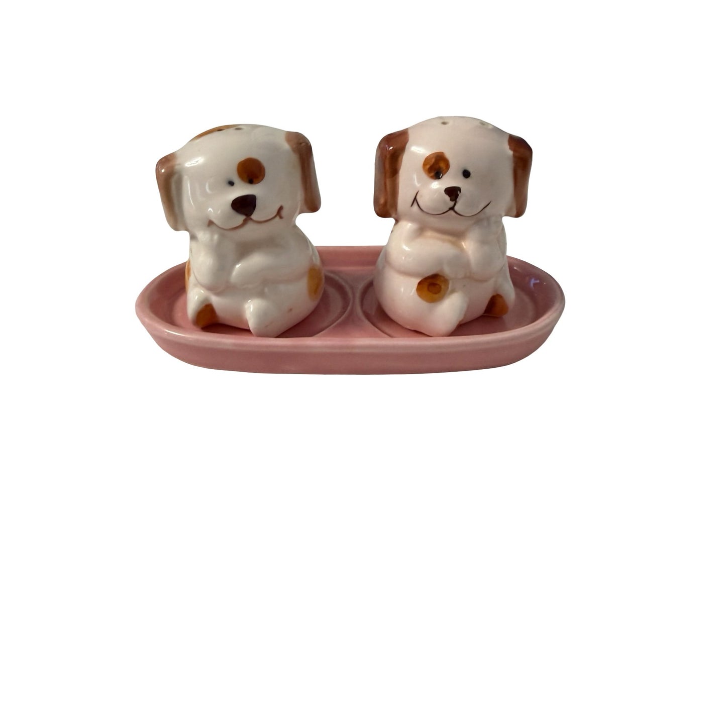 Vintage Japan Puppy Dog Salt And Pepper Shakers With Pink Tray Ceramic Set